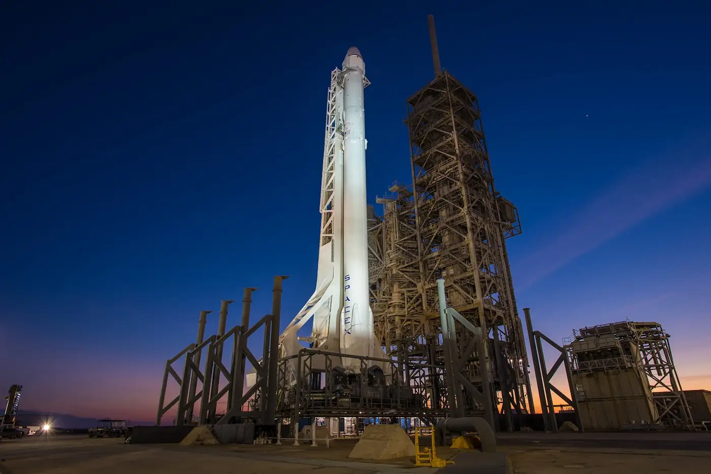 Rocket on the launch pad at night